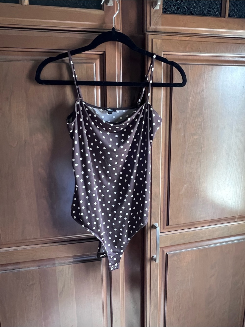 Express Brown and White Polka Dot Cowl Neck Bodysuit